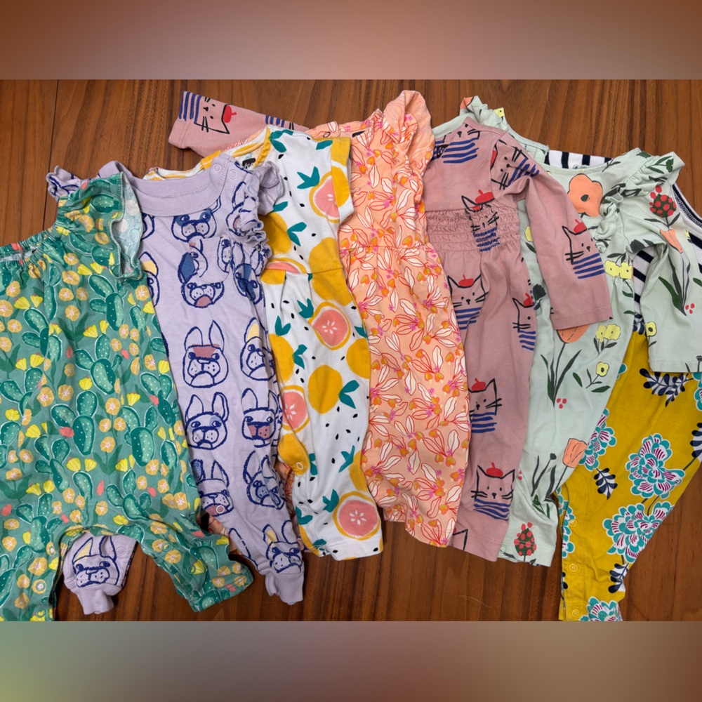 Tea Collection 0-3 Month Baby Rompers, 7 total, 100% cotton